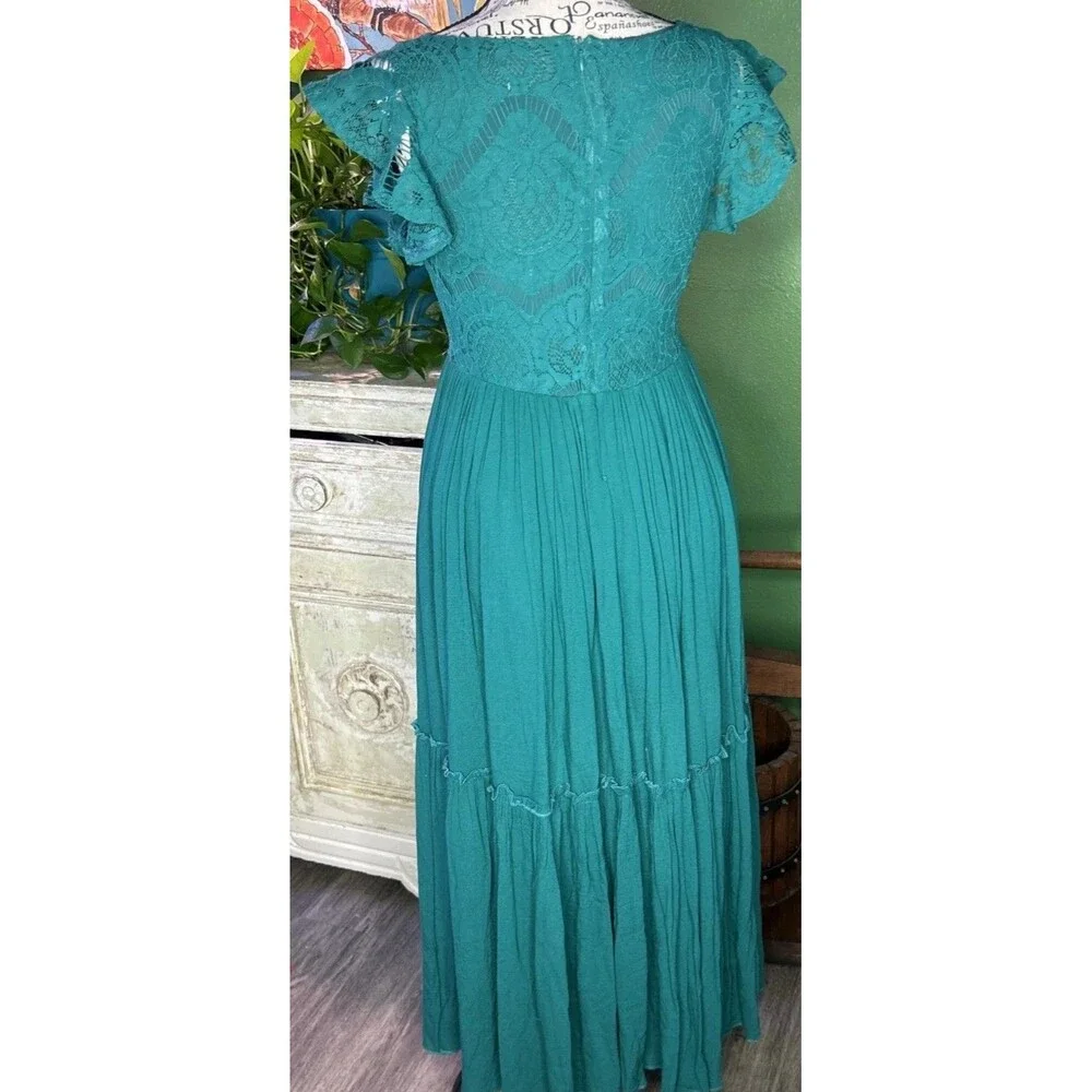 Green Forest Fairy Maxi Dress Boho Whimsy Juniors XS Girls 14 Witchy Cottage